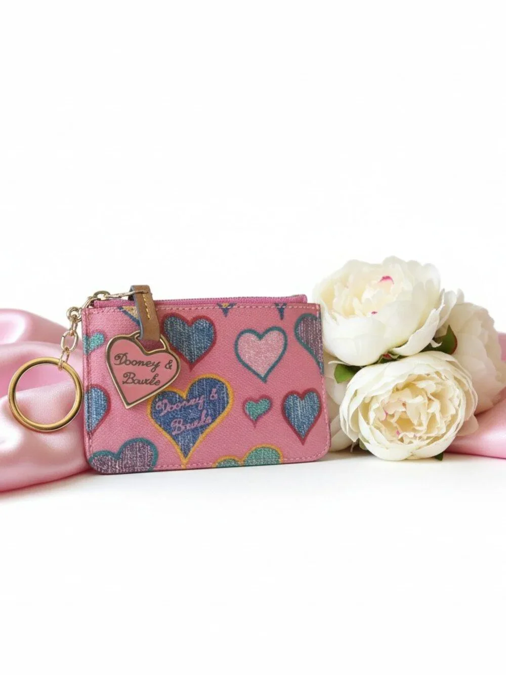 Dooney & Bourke Pink Heart Print Card & Key Pouch with Gold Ring Charm